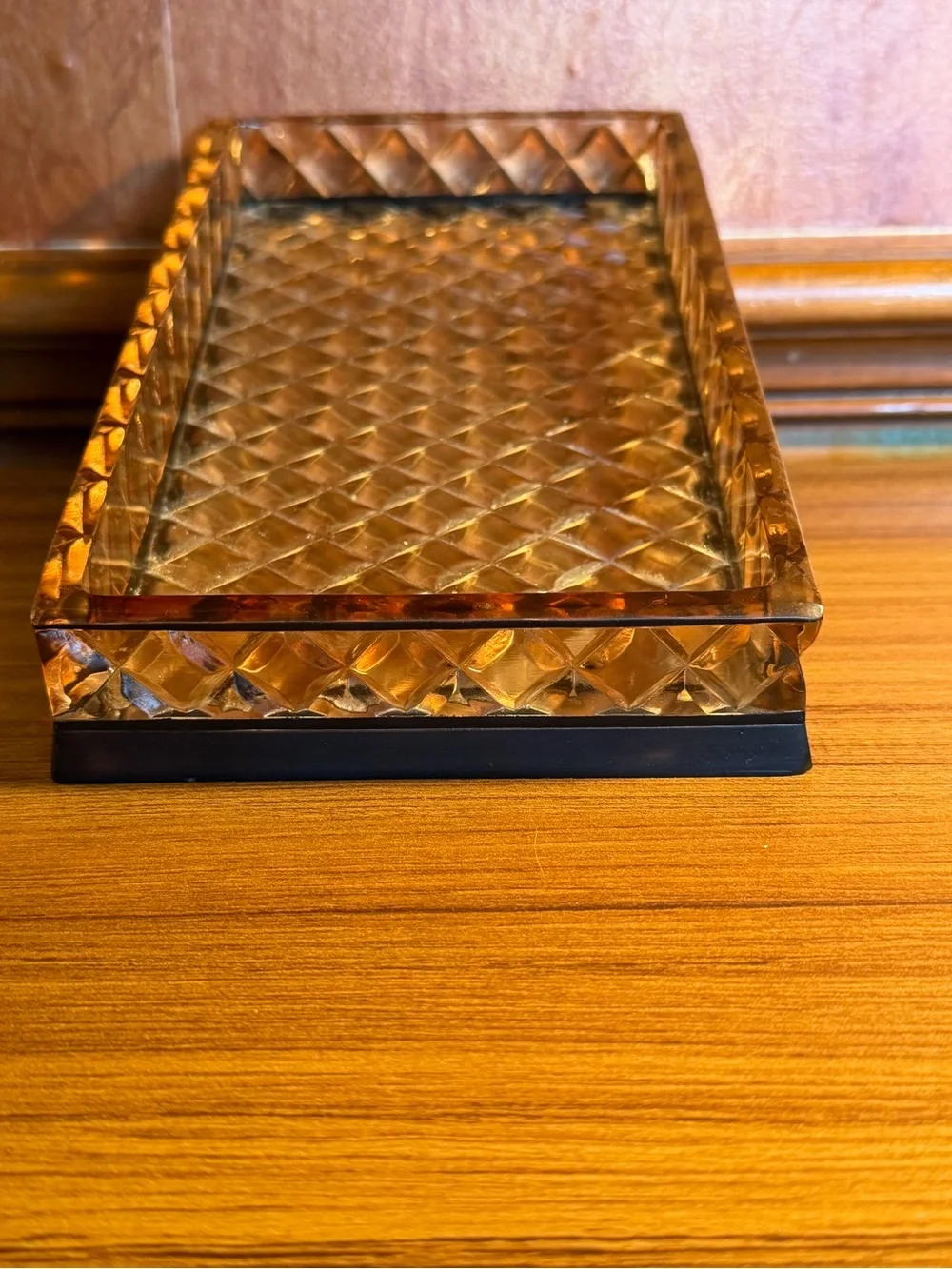 Vintage Barrington Quilted Amber Lucite Vanity Tray MCM 9.5x5.5 Diamond Bottom